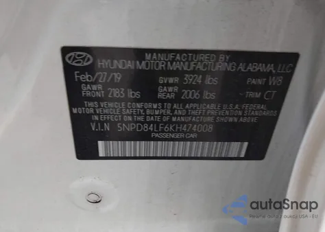 2019 Hyundai Elantra Sel from USA, damaged, VIN 5NPD84LF6KH474008